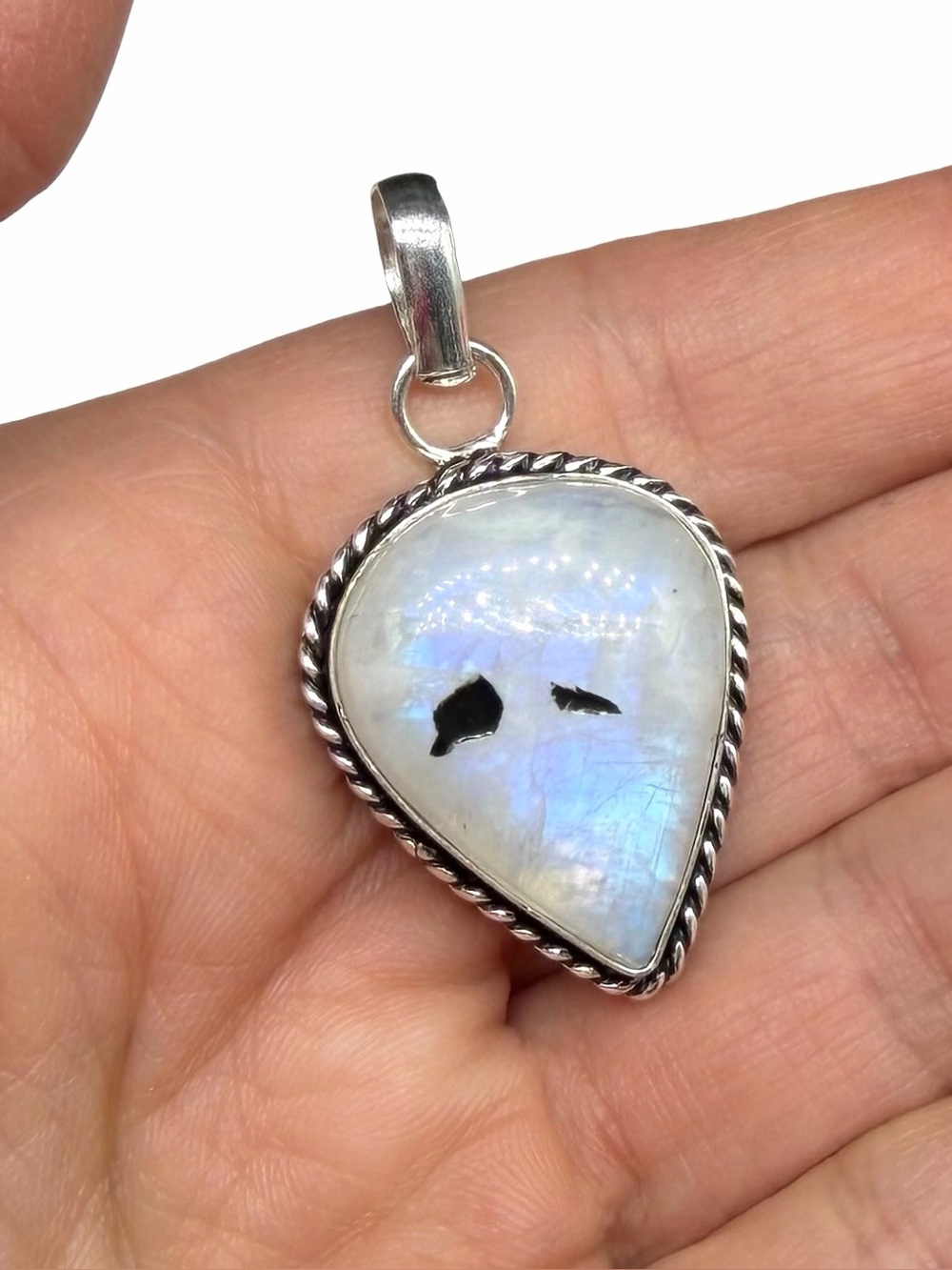 Rainbow Moonstone Black Tourmaline Necklace Pendant 925 Sterling Silver Overlay